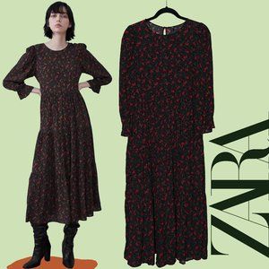 NWT ZARA | Tiered Boho Midi Dress | Black w/ Red Flower White Dot Detail